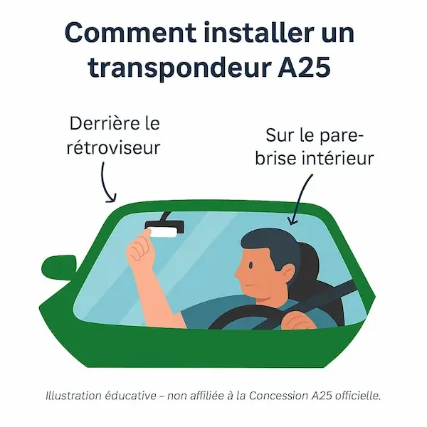 Illustration expliquant l’emplacement du transpondeur A25 ou A30 sur le pare-brise intérieur, derrière le rétroviseur.