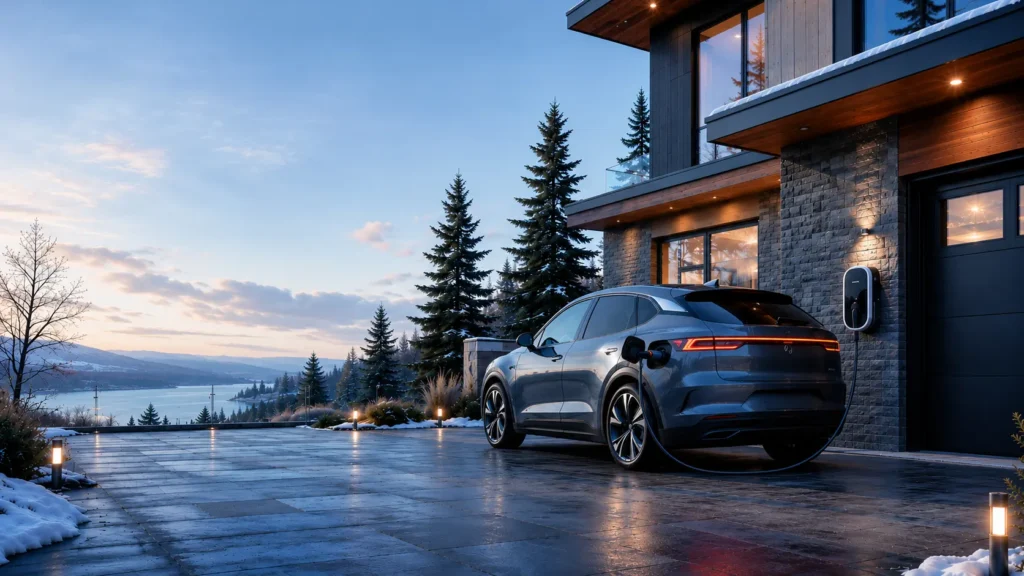 Résidence au Québec avec véhicule électrique et borne de recharge résidentielle
